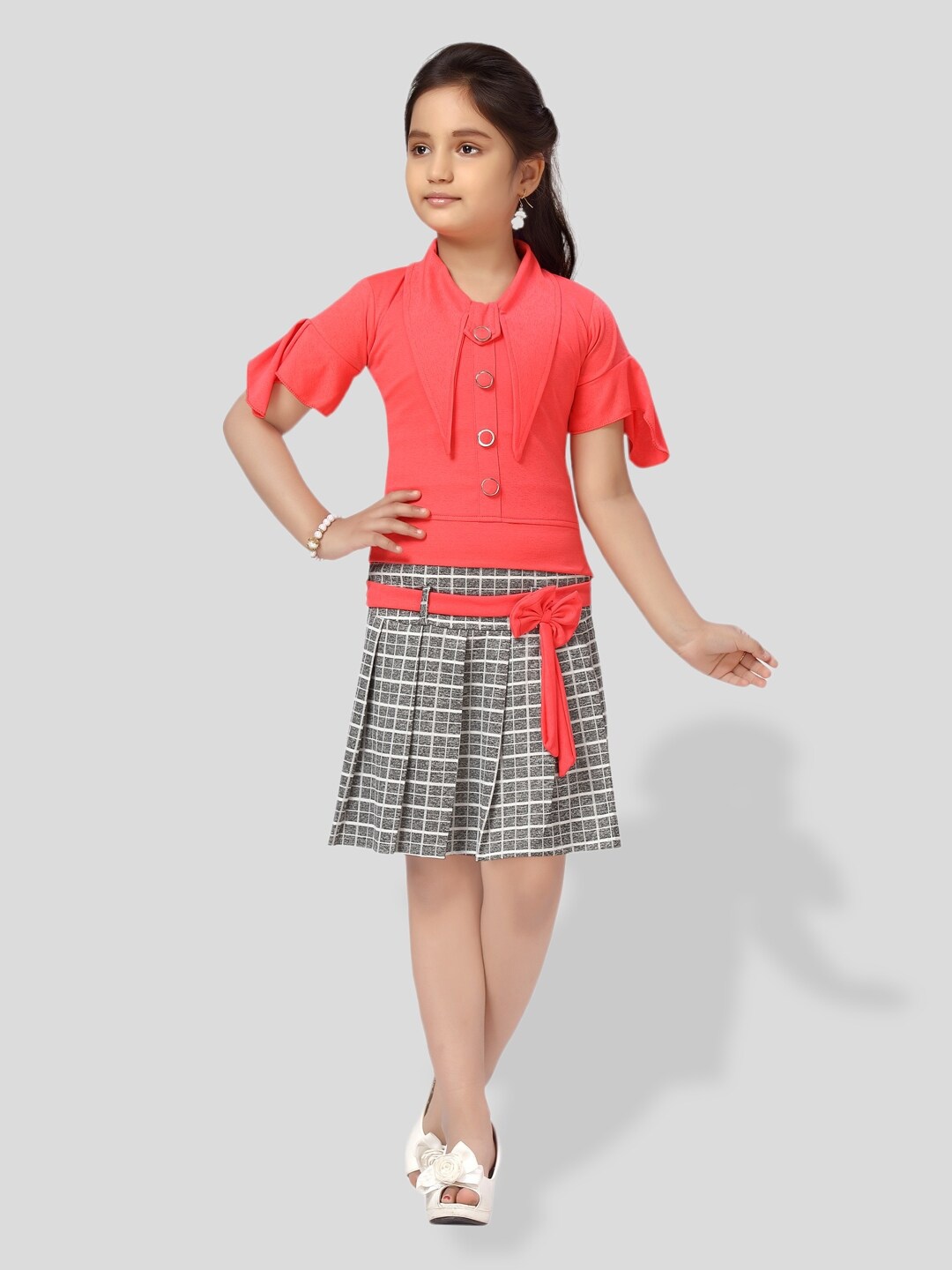 

BAESD Girls Shirt Collar Top with Skirt, Red