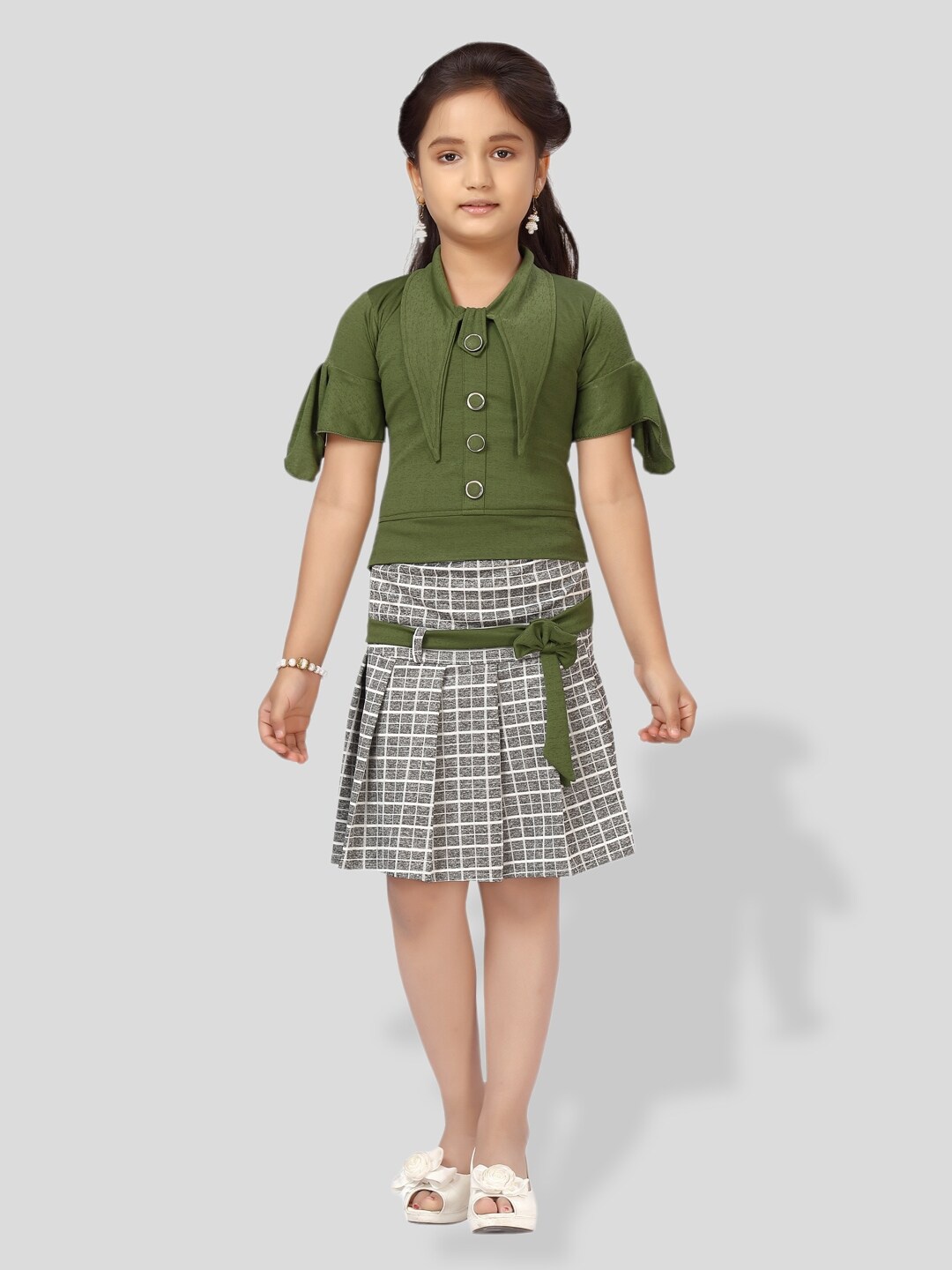 

BAESD Girls Shirt Collar Top with Skirt, Green