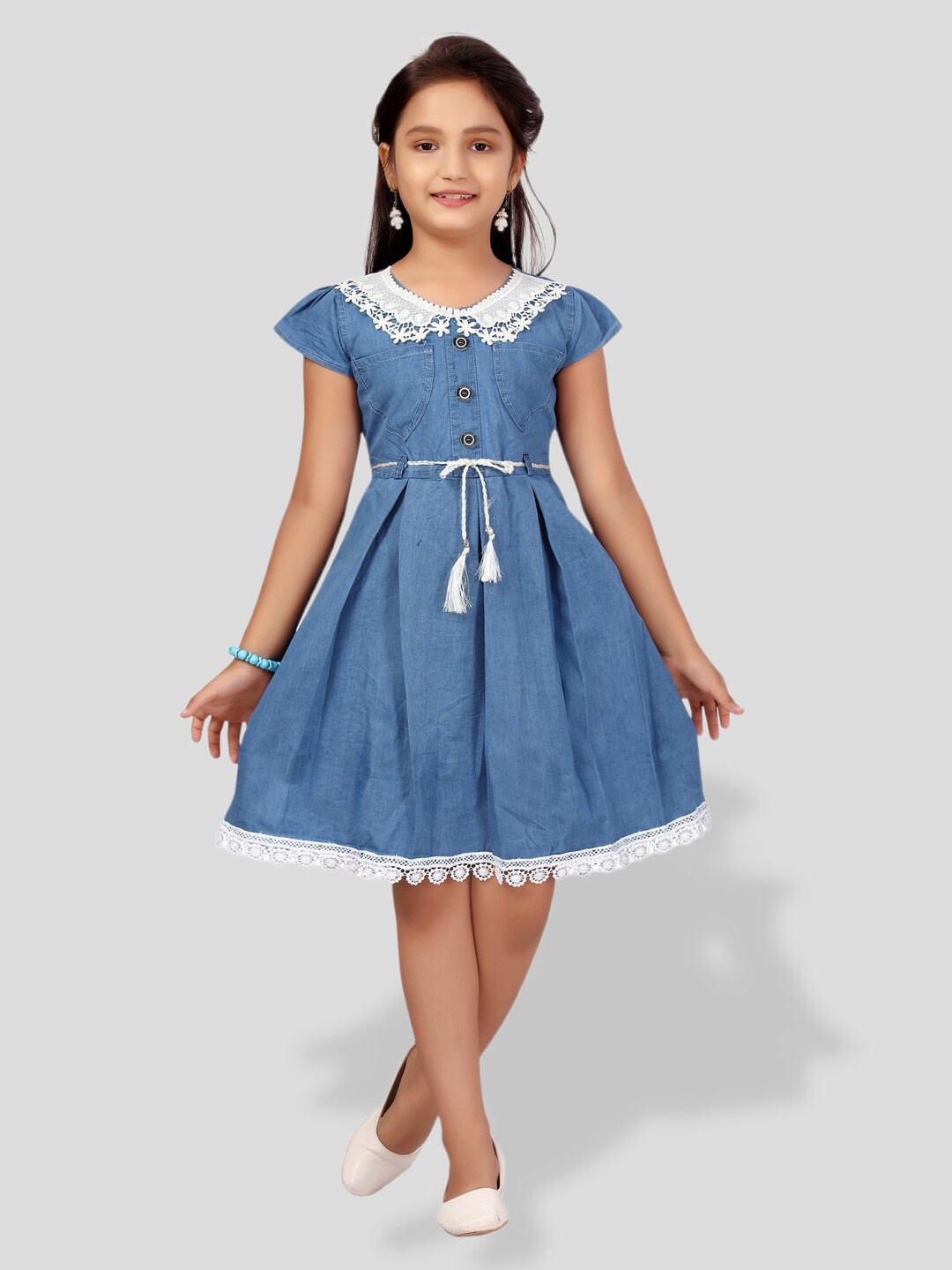 

BAESD Girls Cap Sleeves Lace-Up Cotton Fit & Flare Dress, Blue