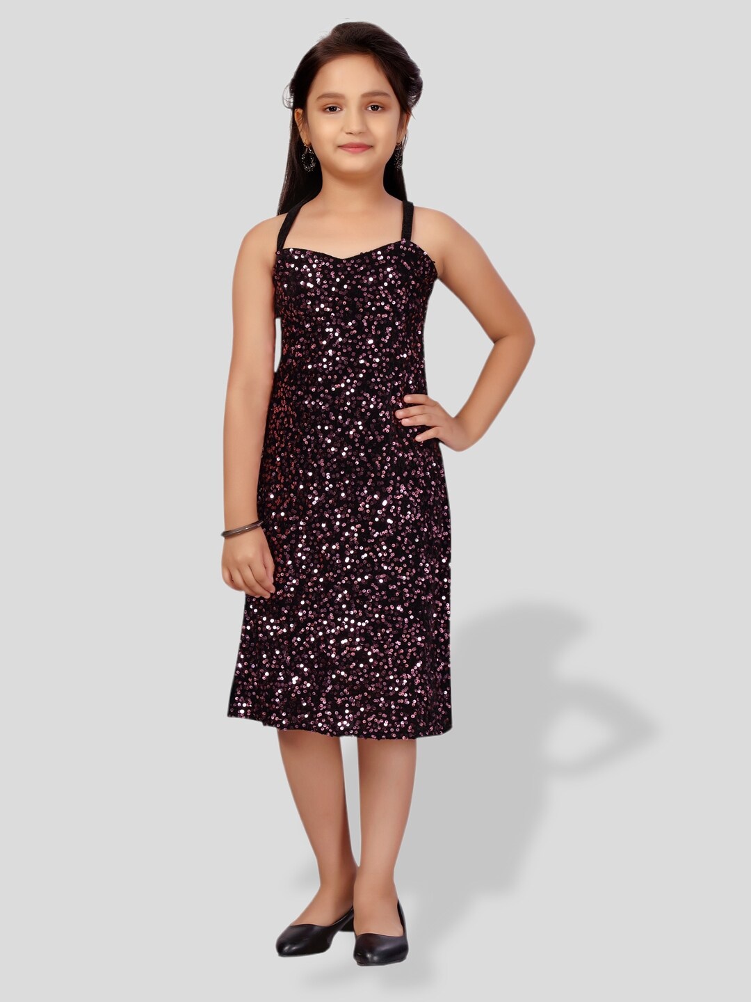 

BAESD Girls Self Design Velvet A-Line Dress, Pink