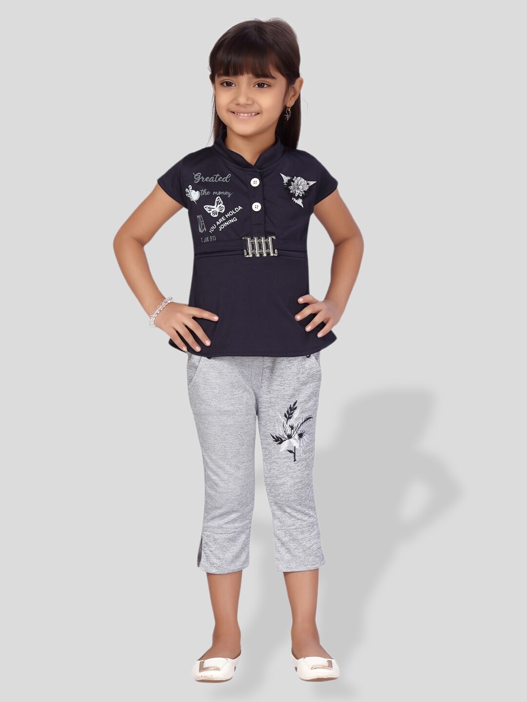 

BAESD Girls Mandarin Collar Top with Capris, Navy blue