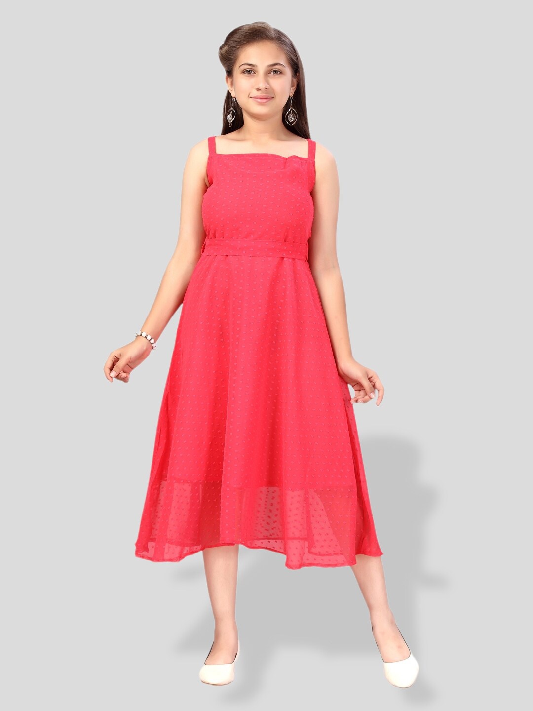 

BAESD Girls Self Design Fit & Flare Midi Georgette Dress With Belt, Red