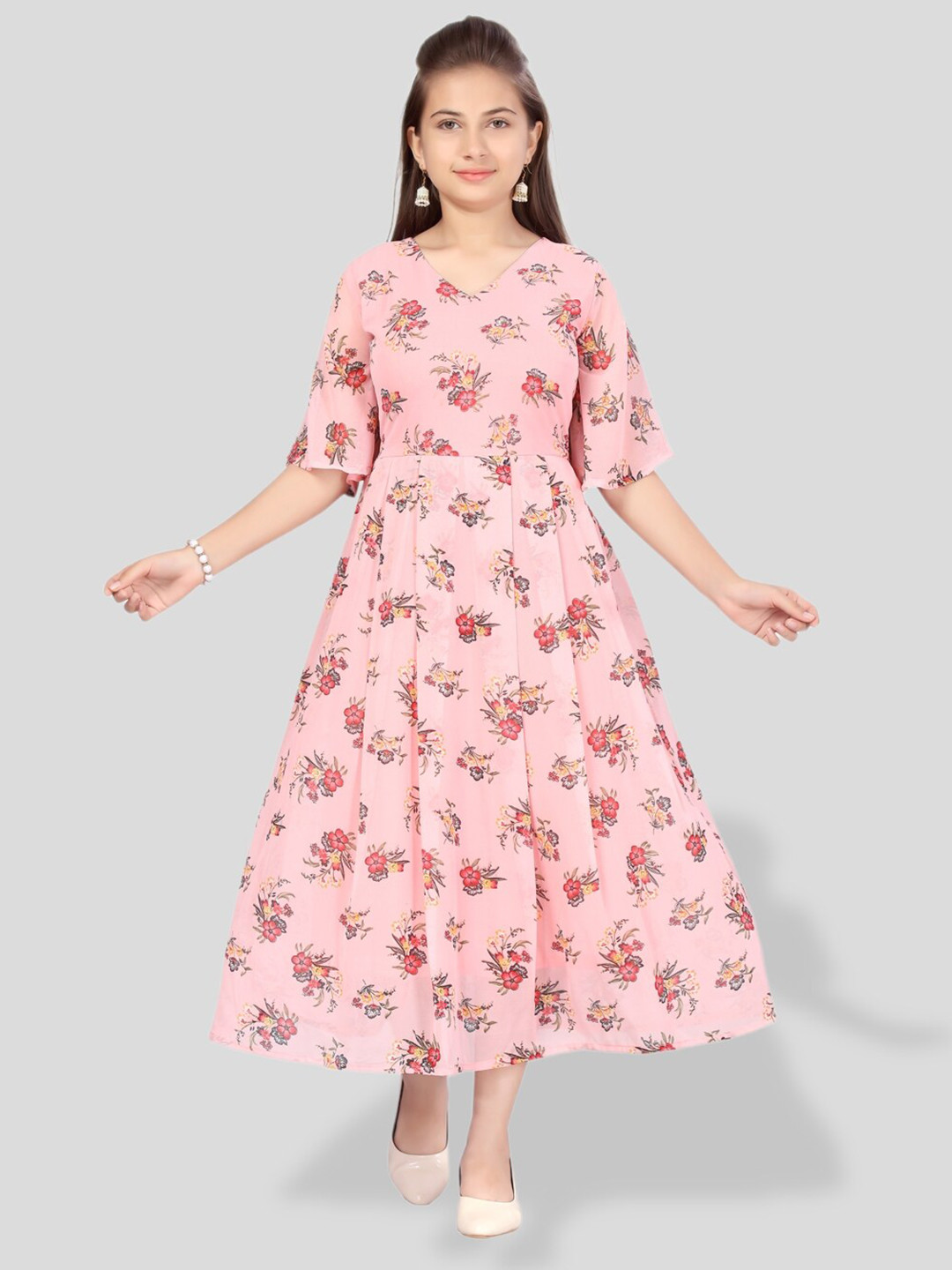 

BAESD Girls Floral Printed Flared Sleeve Georgette Fit And Flare Midi Dress, Peach