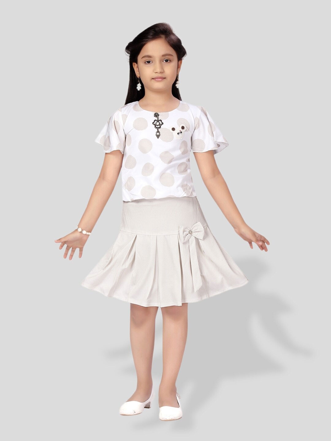 

BAESD Girls Printed Round Neck Top with Skirt, White