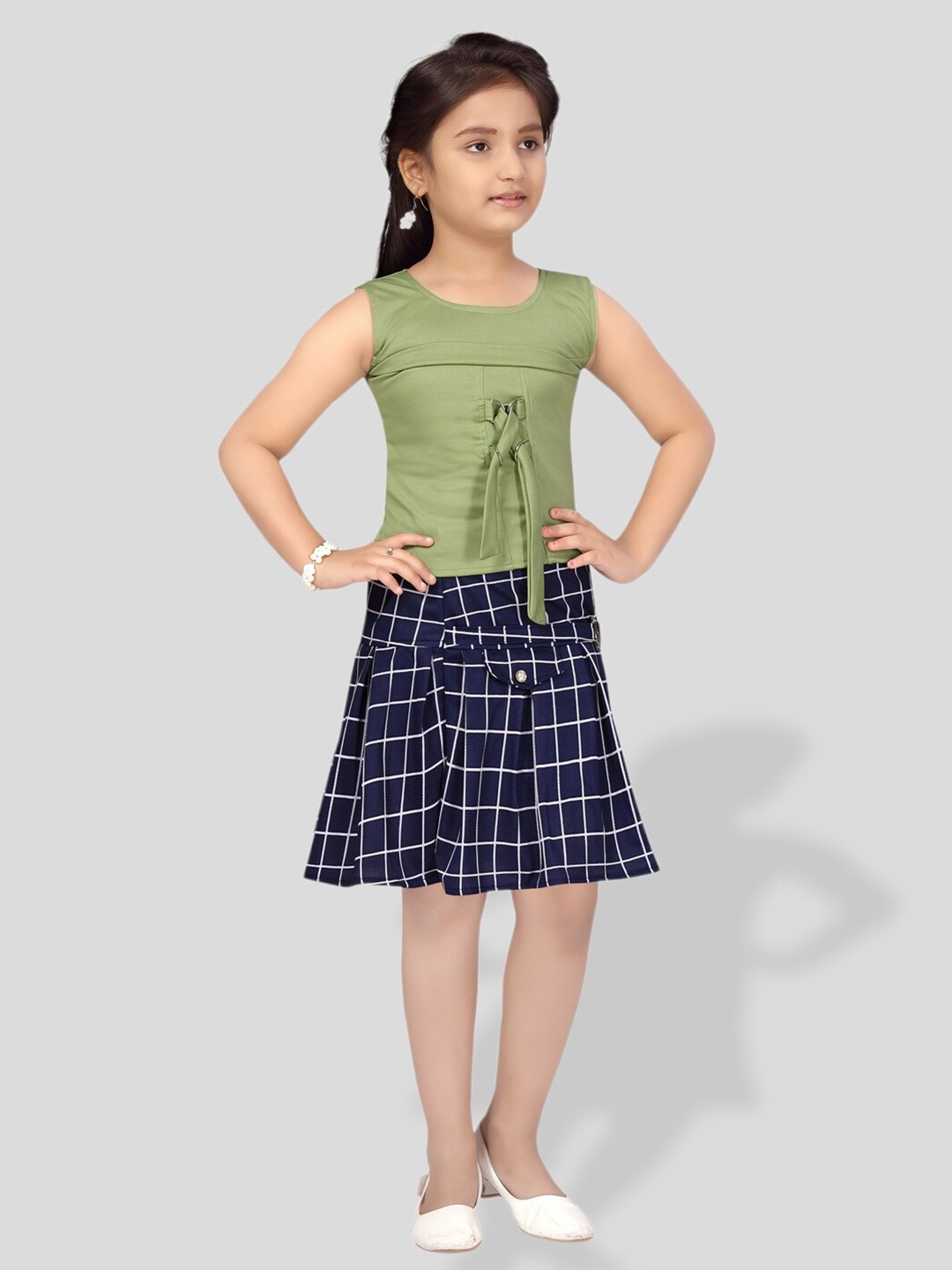 

BAESD Girls Ckecked Top With Skirt, Green