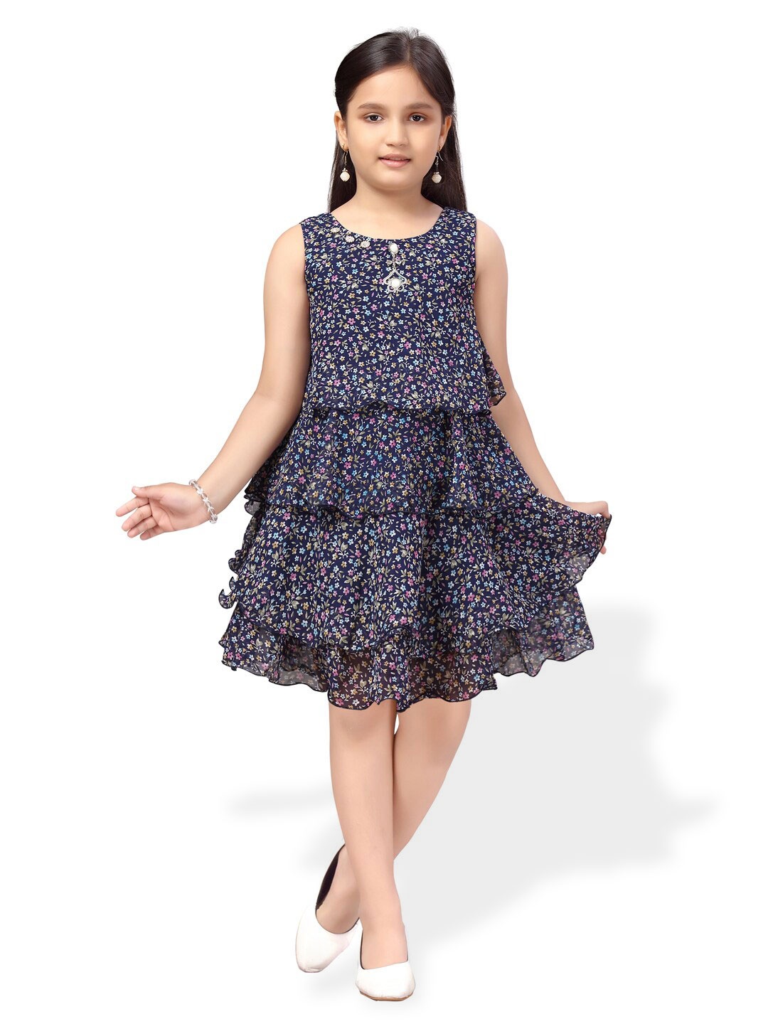 

BAESD Girls Printed Top With Skirt, Navy blue