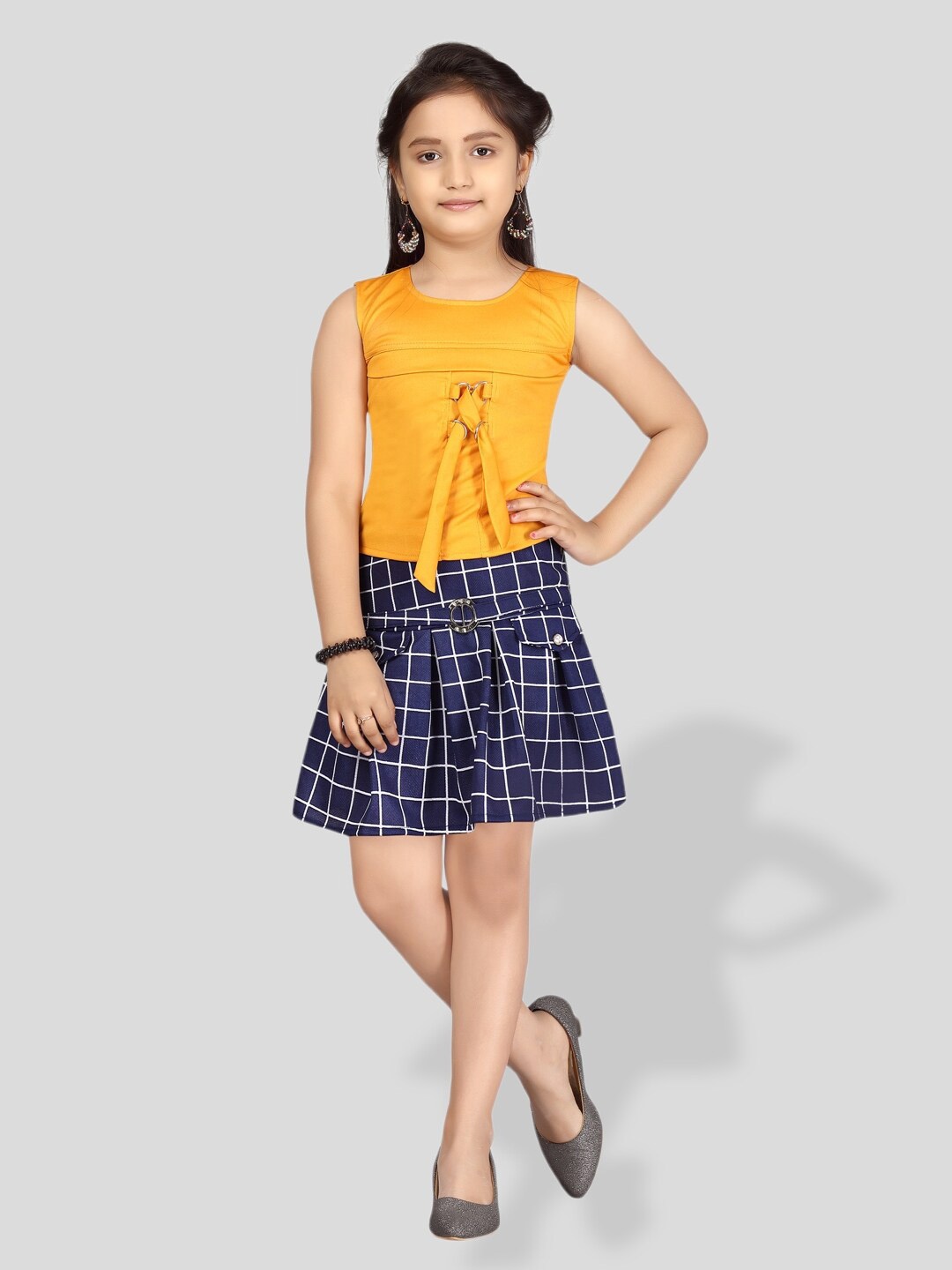 

BAESD Girls Ckecked Top With Skirt, Yellow