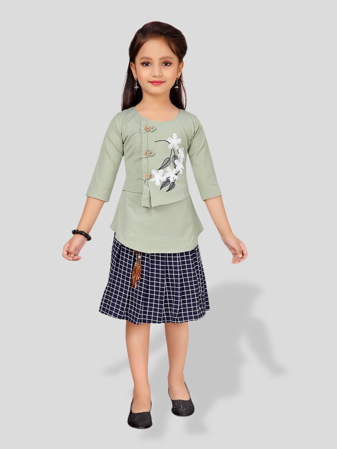 

BAESD Girls Printed Pure Cotton Top With Skirt, Green