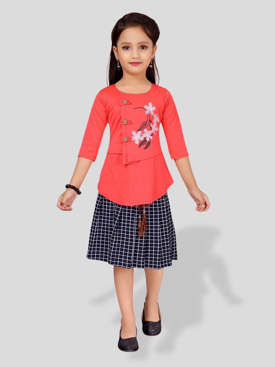 

BAESD Girls Printed Pure Cotton Top With Skirt, Red