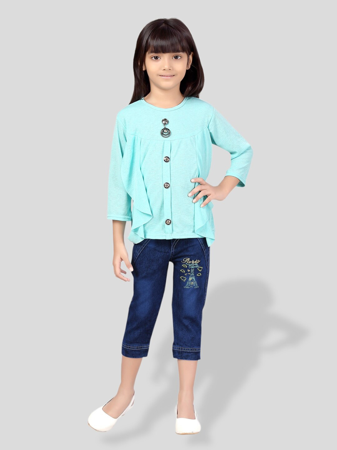 

BAESD Girls Self Design Ruffles Detail Top With Capris, Turquoise blue