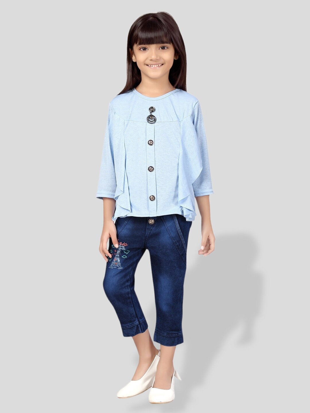 

BAESD Girls Self Design Ruffles Detail Top With Capris, Blue