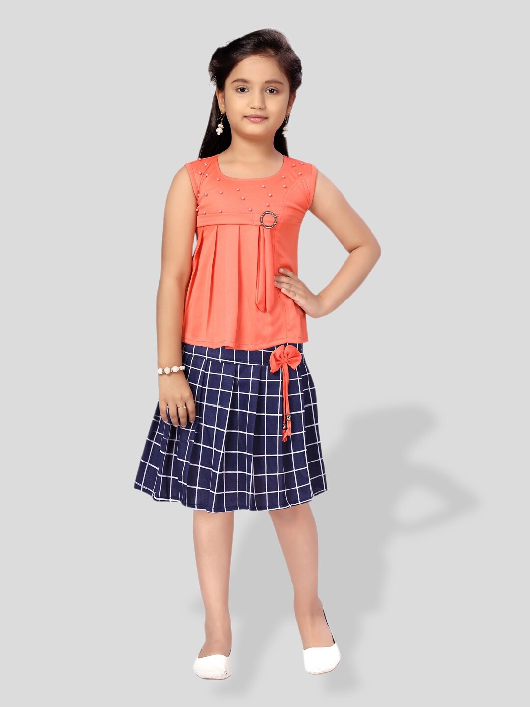 

BAESD Girls Checked Shirt And Pleated Detail Top With Skirt, Peach