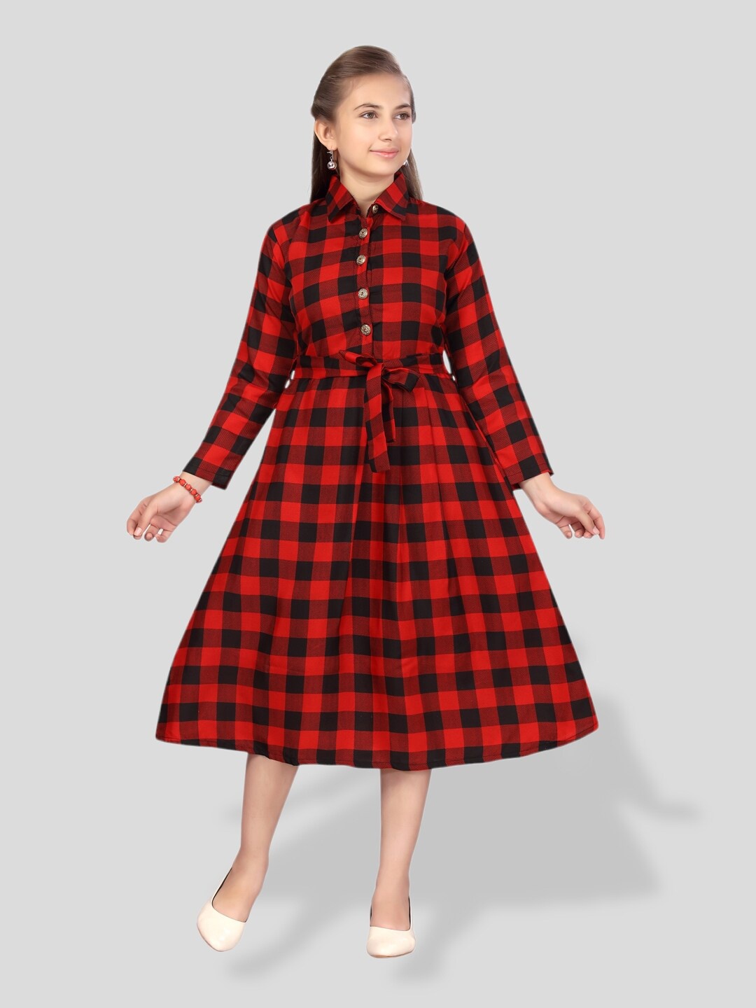 

BAESD Girls Checked Belted Shirt Midi Dress, Red