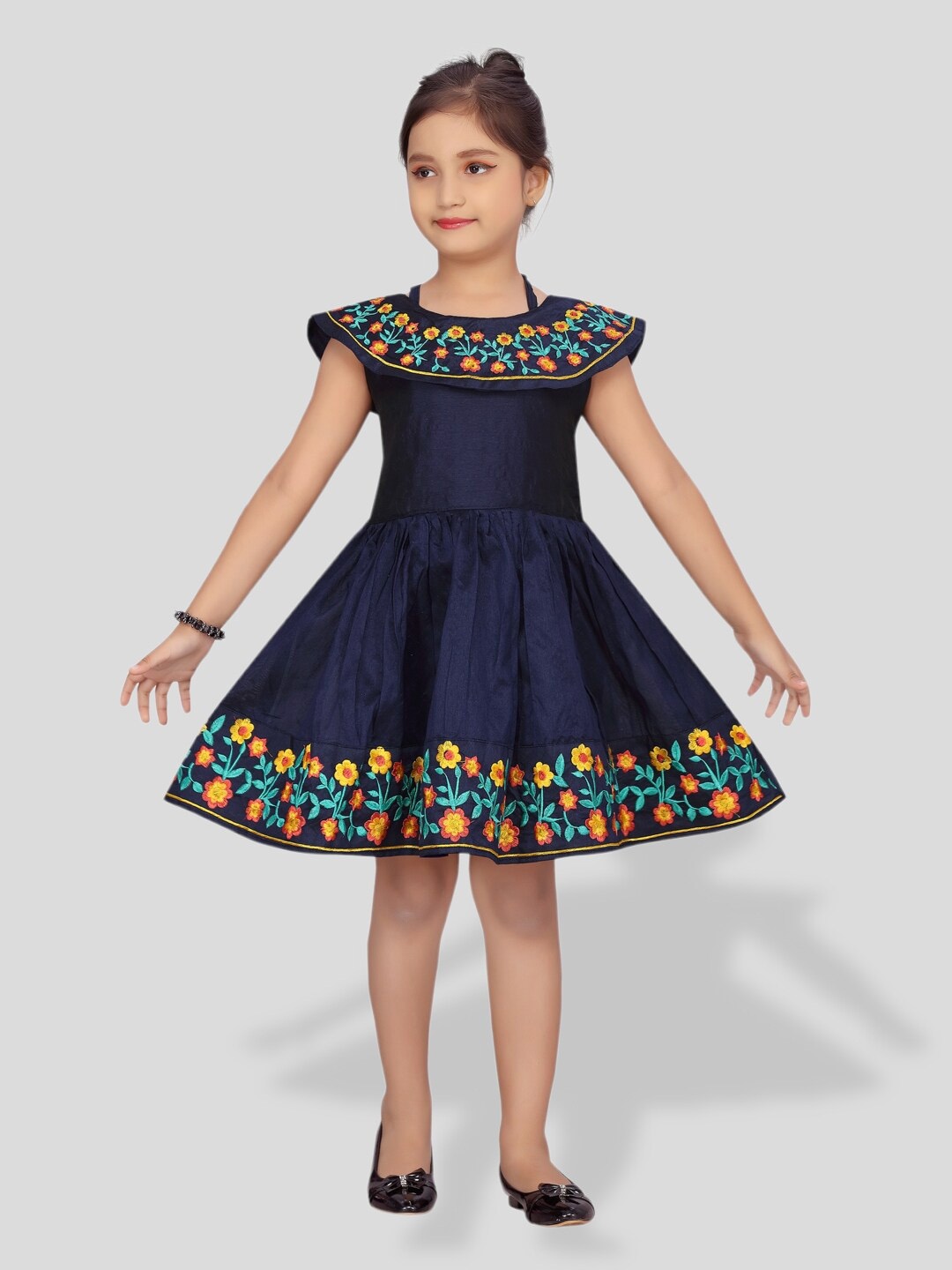 

BAESD Girls Floral Embroidered Silk Fit & Flare Dress, Navy blue