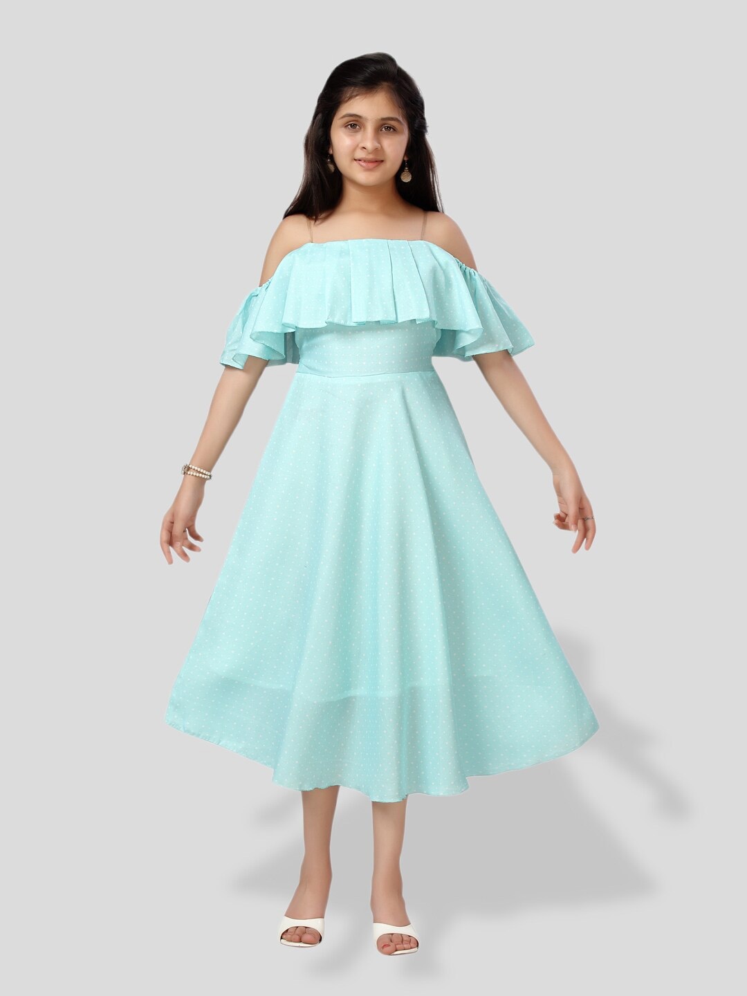 

BAESD Girls Cotton Cold-Shoulder Sleeves Fit & Flare Midi Dress, Turquoise blue