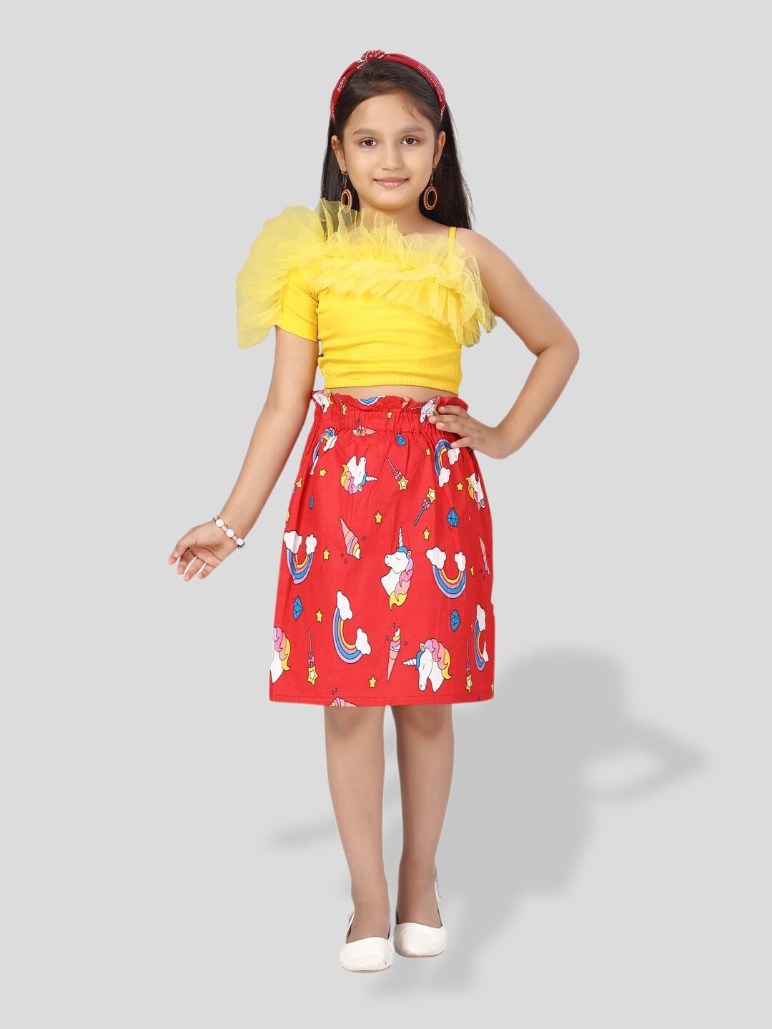 

BAESD Girls One Shoulder Ruffles Detail Pure Cotton Top With Skirt, Yellow