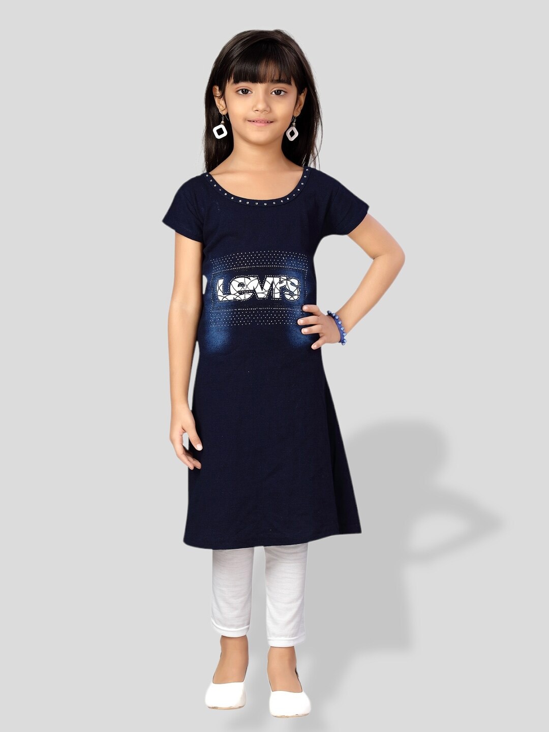 

BAESD Girls Typography Printed Tunic With Leggings, Navy blue