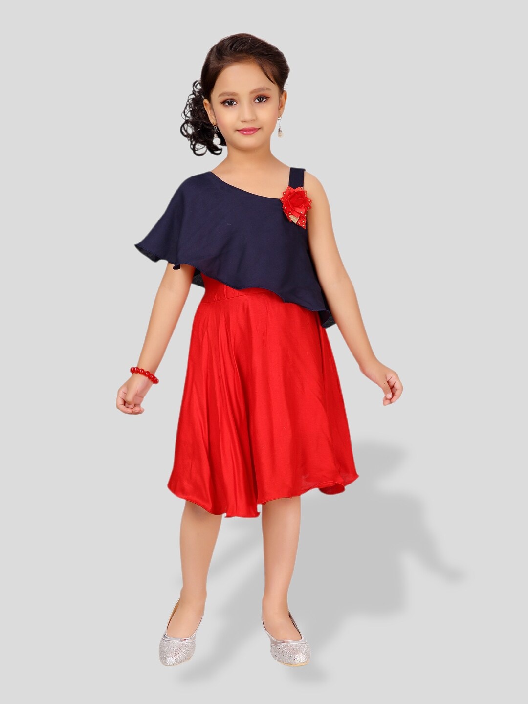 

BAESD Girls Colourblocked Bow Detail Flared Sleeves Cotton A-Line Dress, Navy blue
