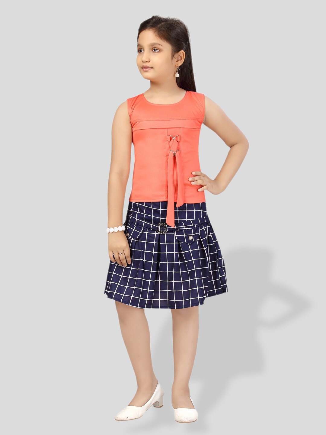 

BAESD Girls Checked Shirt And Pleated Detail Top With Skirt, Peach