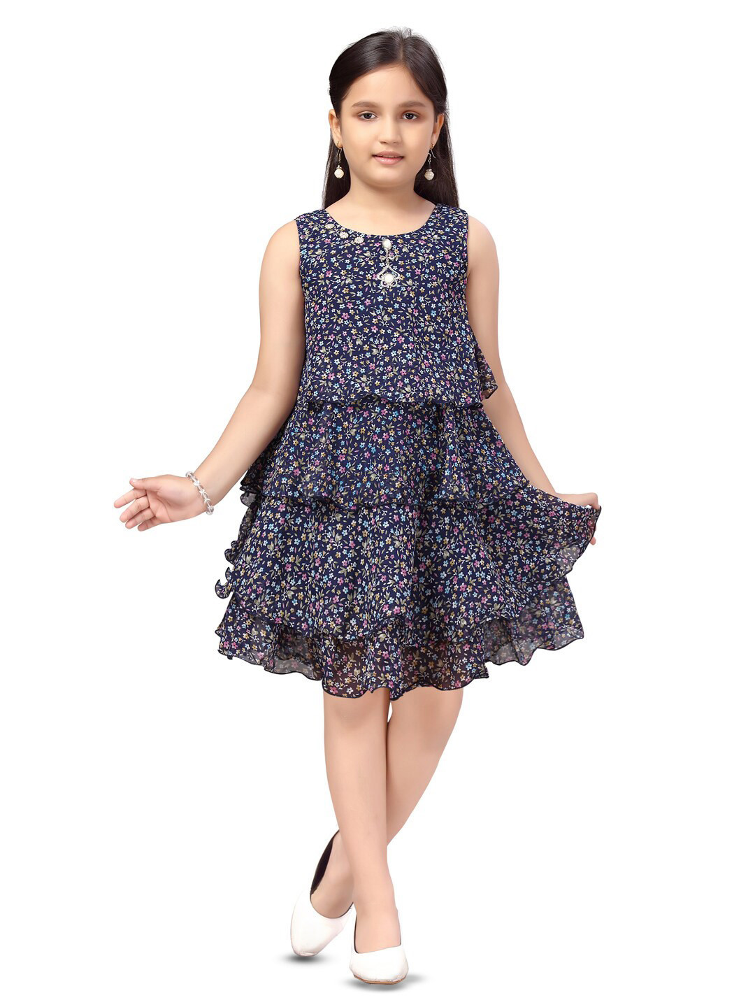 

BAESD Girls Floral Printed Layered Top With Skirt, Navy blue