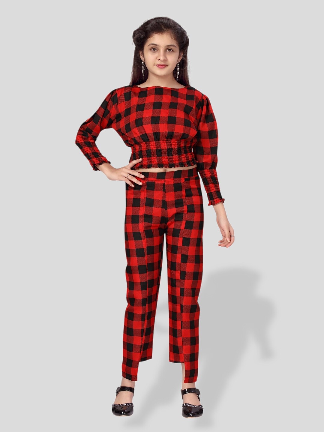 

BAESD Girls Checked Boat Neck Smocking Detail Top With Trousers, Red