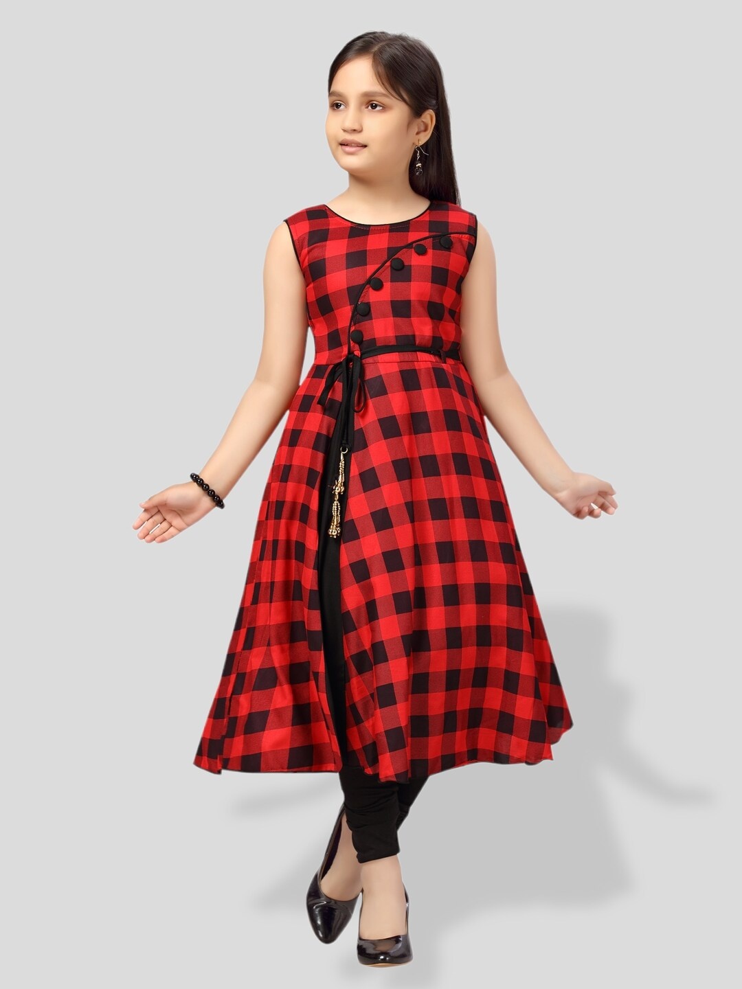 

BAESD Girls Checked Kurta with Leggings, Red