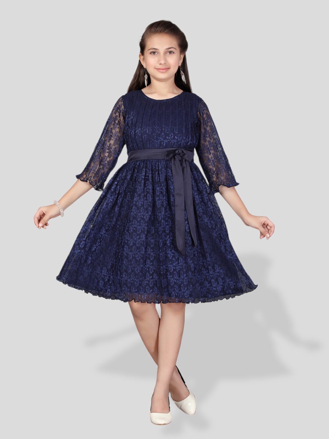 

BAESD Self Design Floral Lace up Fit & Flare Dress, Navy blue