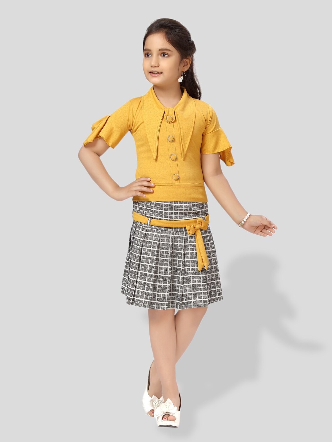 

BAESD Girls Checked Shirt Collar Top with Skirt, Yellow