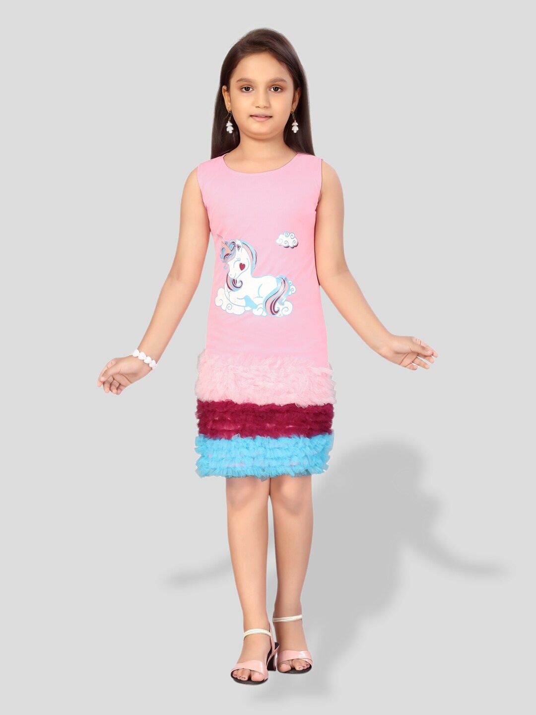 

BAESD Girls Print Net A-Line Dress, Pink
