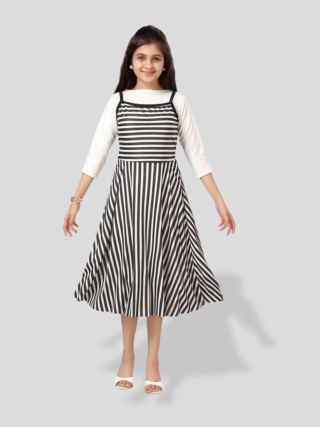 

BAESD Girls Striped Cotton Fit & Flare Midi Dress, Black