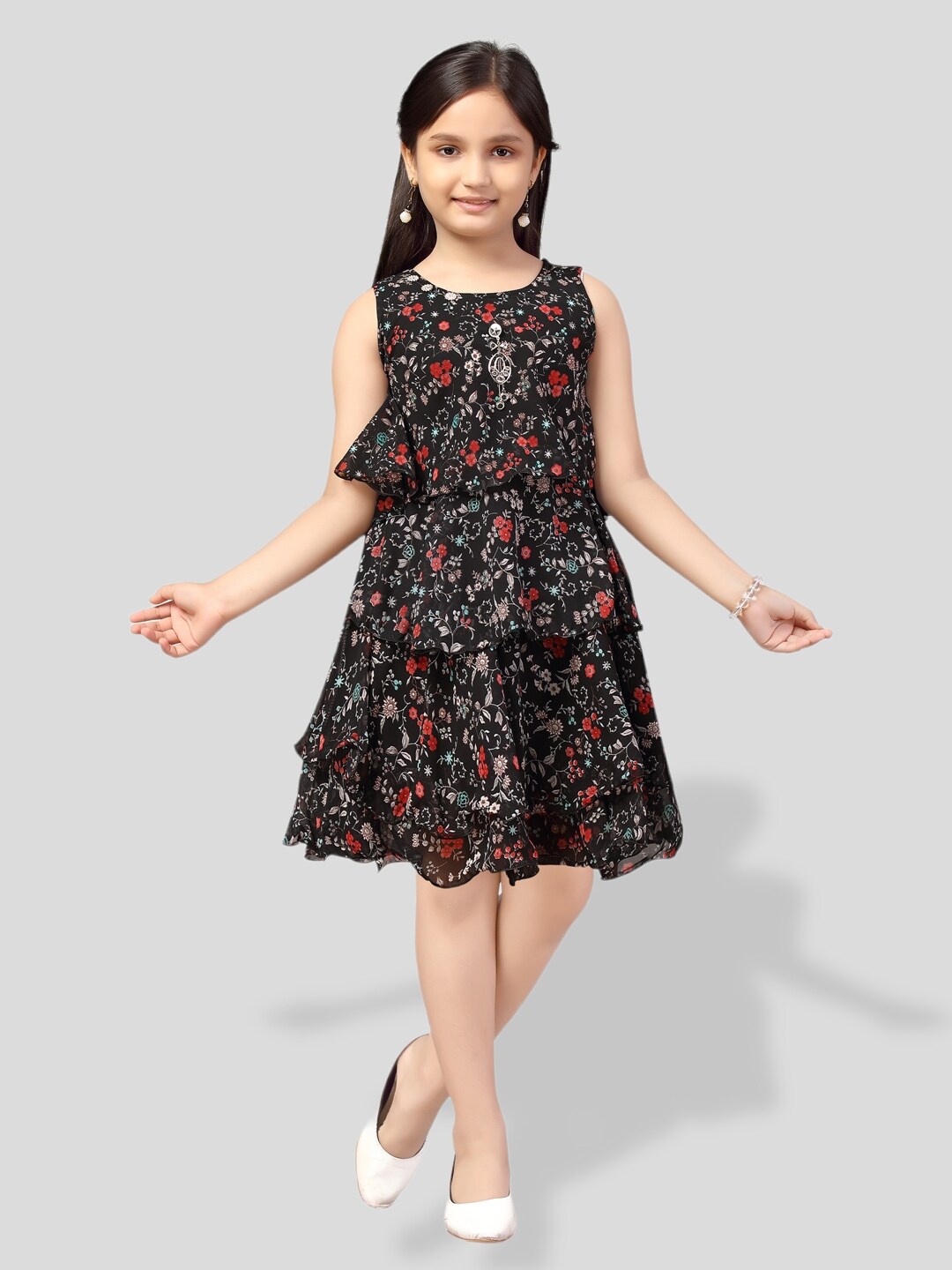 

BAESD Girls Floral Printed Fit And Flare Dress, Black