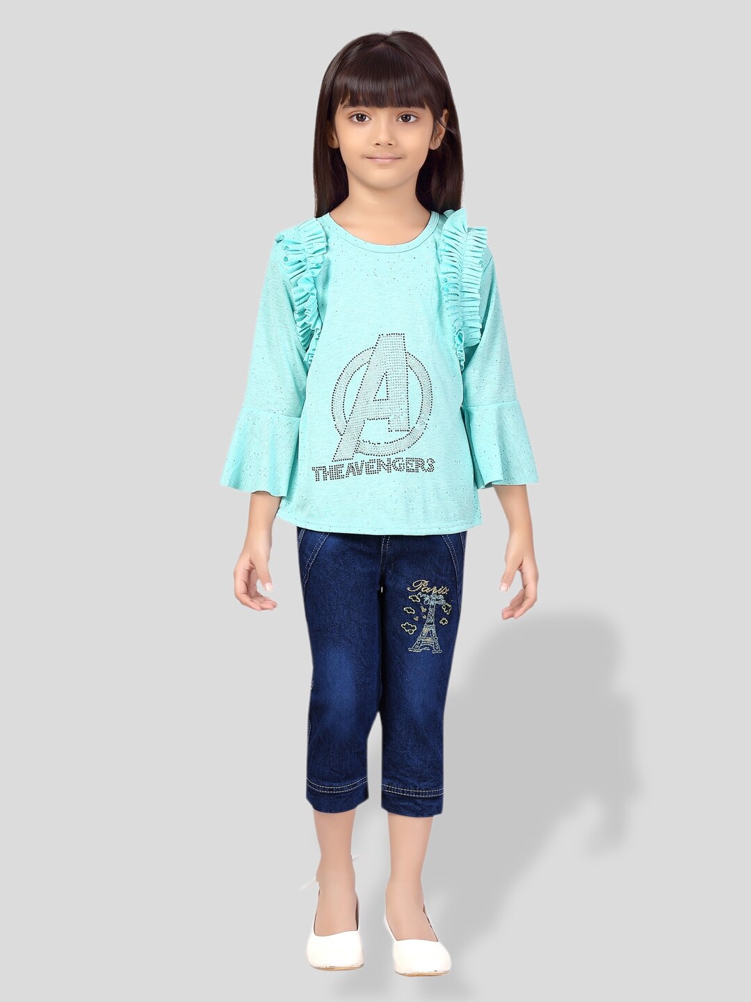 

BAESD Girls Printed Top With Denim Capris, Turquoise blue