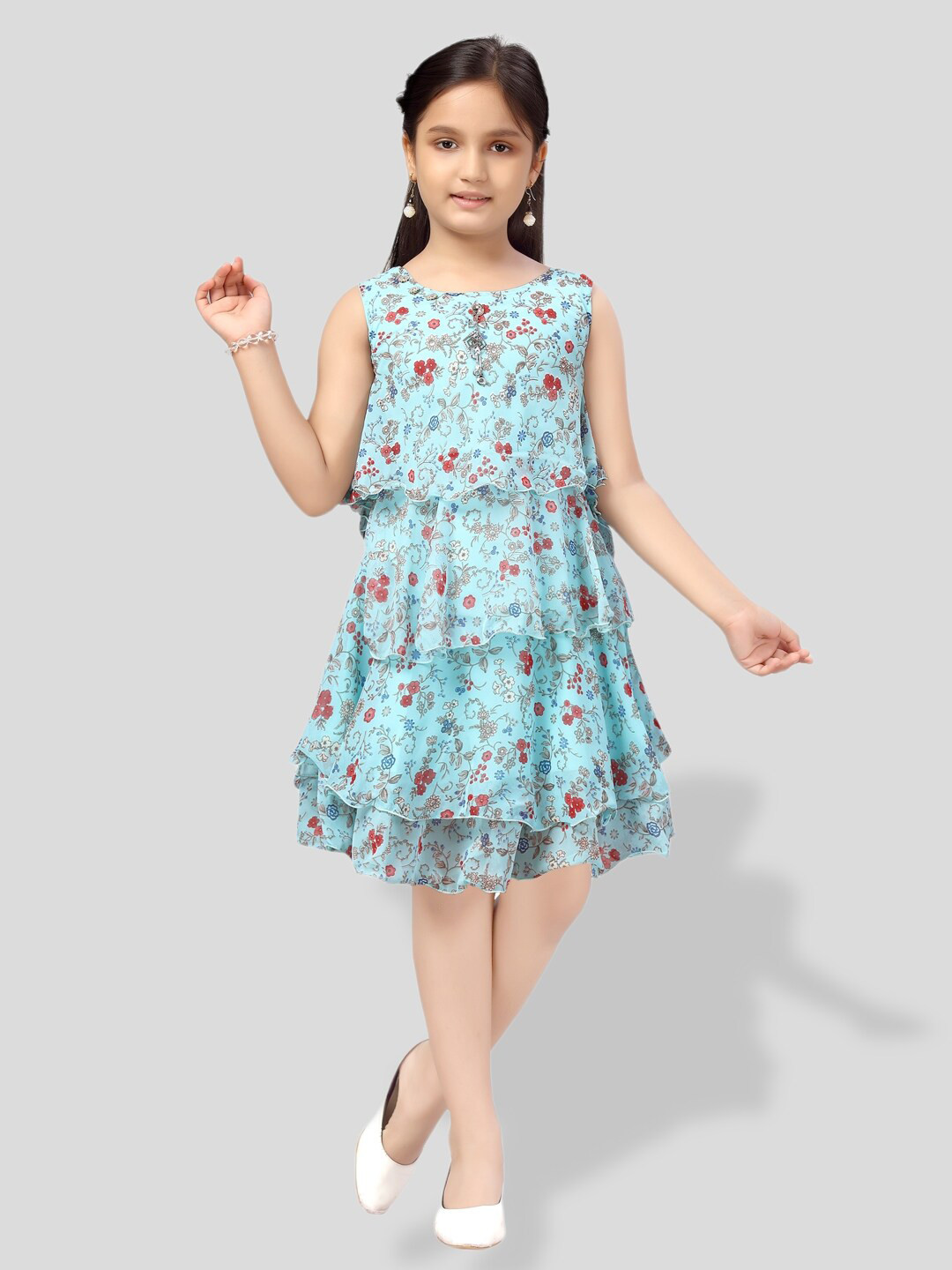 

BAESD Girls Floral Printed Georgette Top with Skirt, Turquoise blue