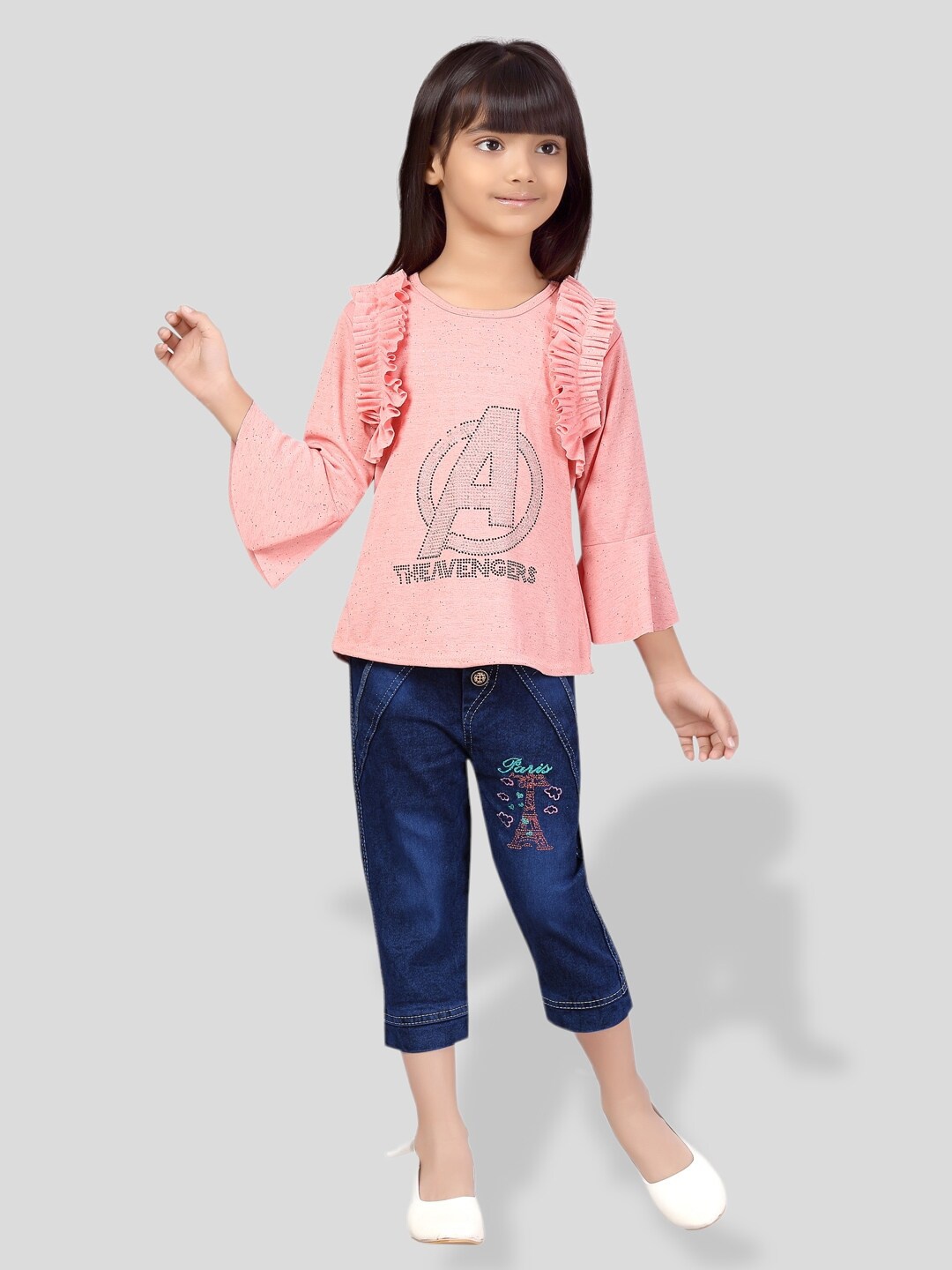 

BAESD Girls Embellished Top With Denim Capris, Pink