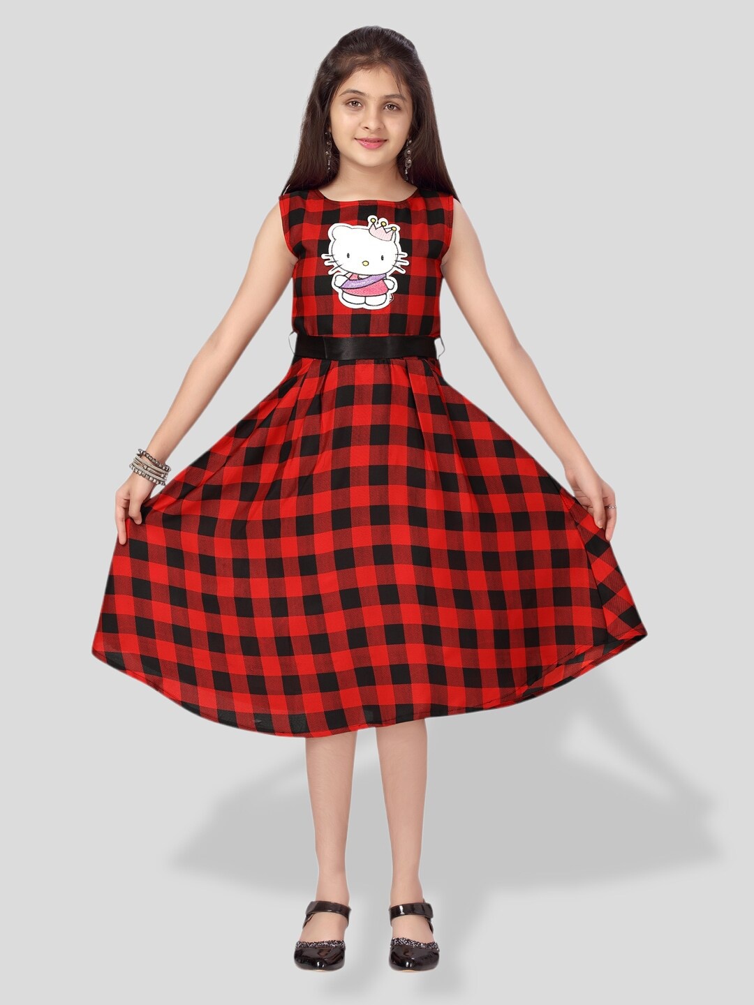 

BAESD Girls Sleeveless Checked Fit & Flare Dress, Red