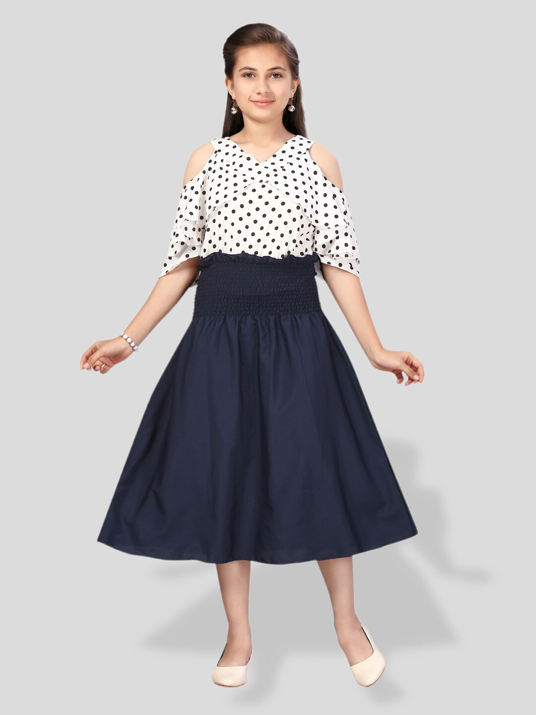 

BAESD Girls Polka Dot Printed Cold-Shoulder Cotton Fit & Flare Midi Dress, Navy blue
