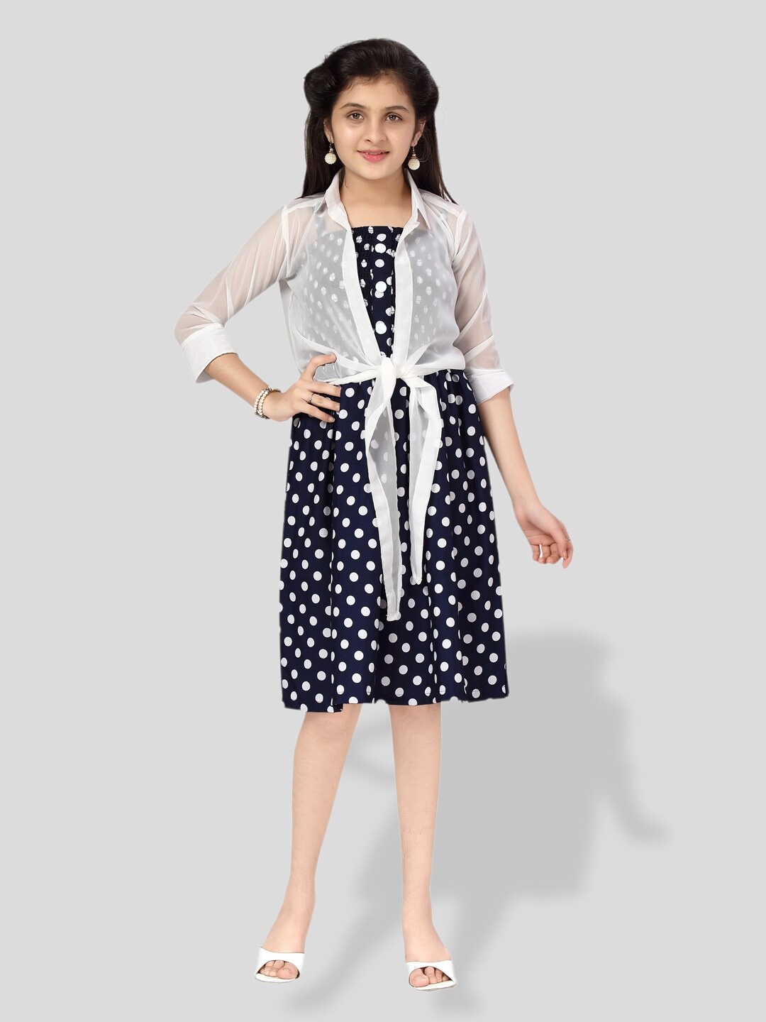 

BAESD Girls Polka Dot Printed Dress With Shrug, Navy blue