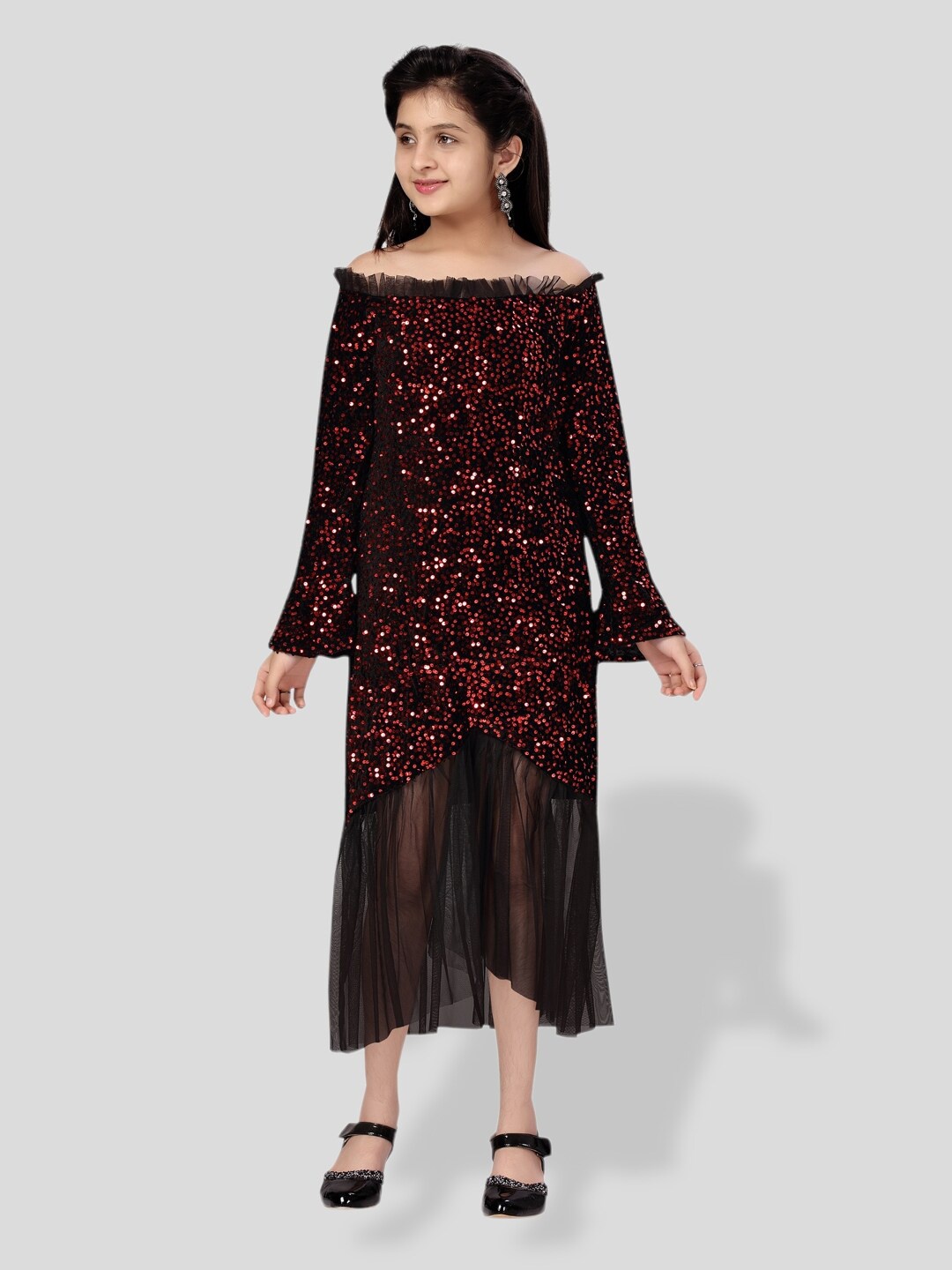 

BAESD Girls Sequined Off-Shoulder Bell Sleeve Velvet A-Line Dress, Maroon