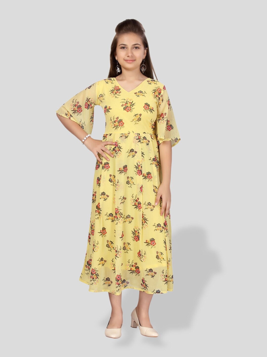 

BAESD Girls Floral Printed Georgette Fit & Flare Midi Dress, Yellow