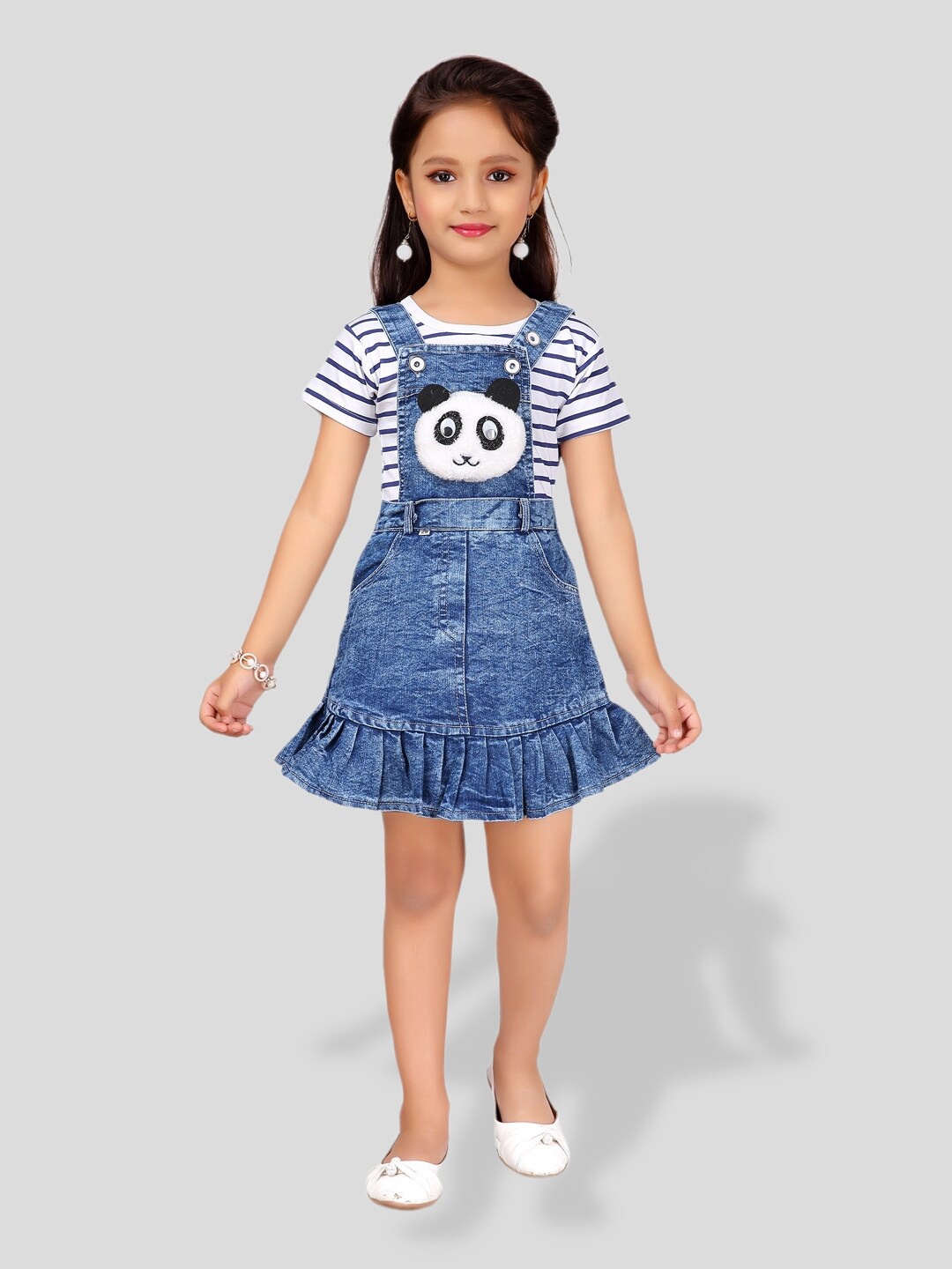 

BAESD Girls Striped Cotton T-shirt with Pinafore, White