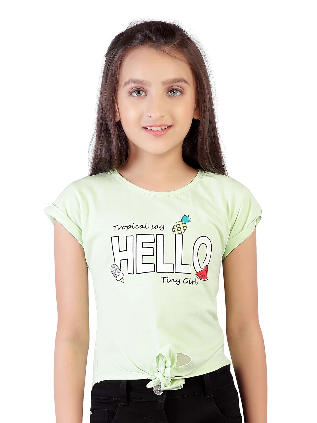 

Tiny Girl Girls Typography Printed Waist Tie-Ups Cotton Top, Green