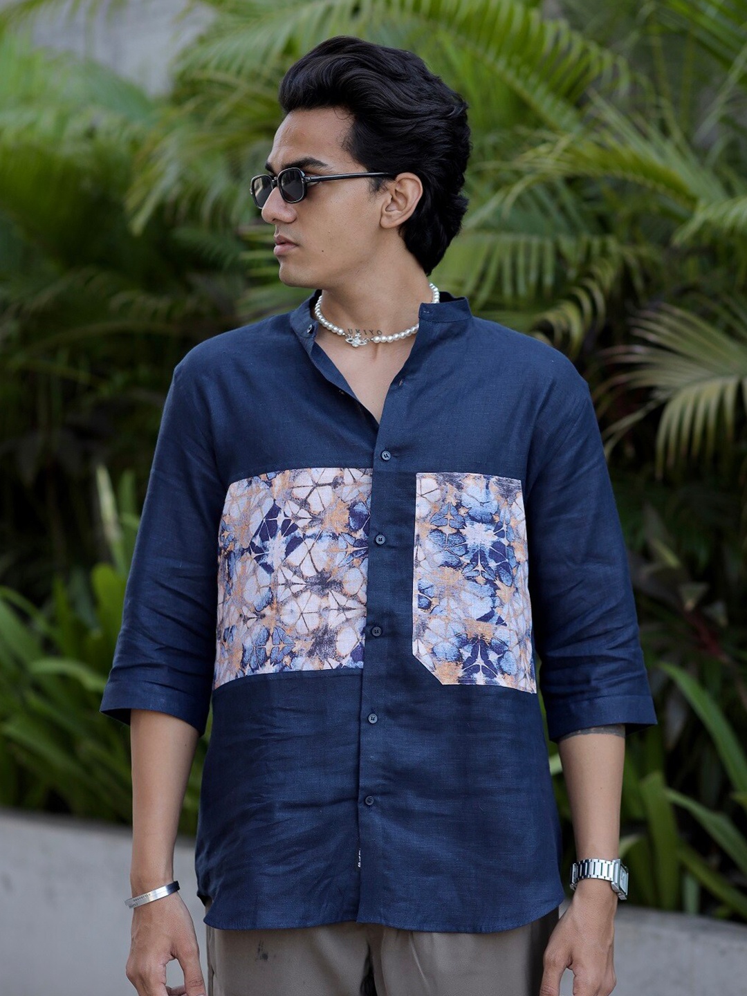

ADDY'S for men Comfort Fit Floral Printed Linen Casual Shirt, Navy blue