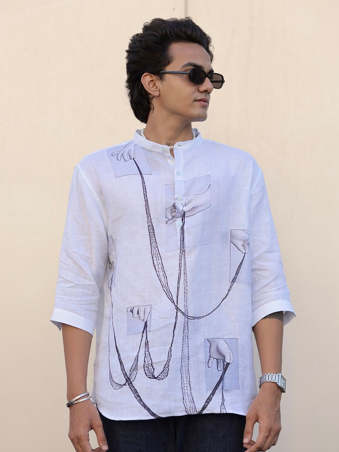 ADDY'S for men Printed Mandarin Collar Linen Straight Kurta, White