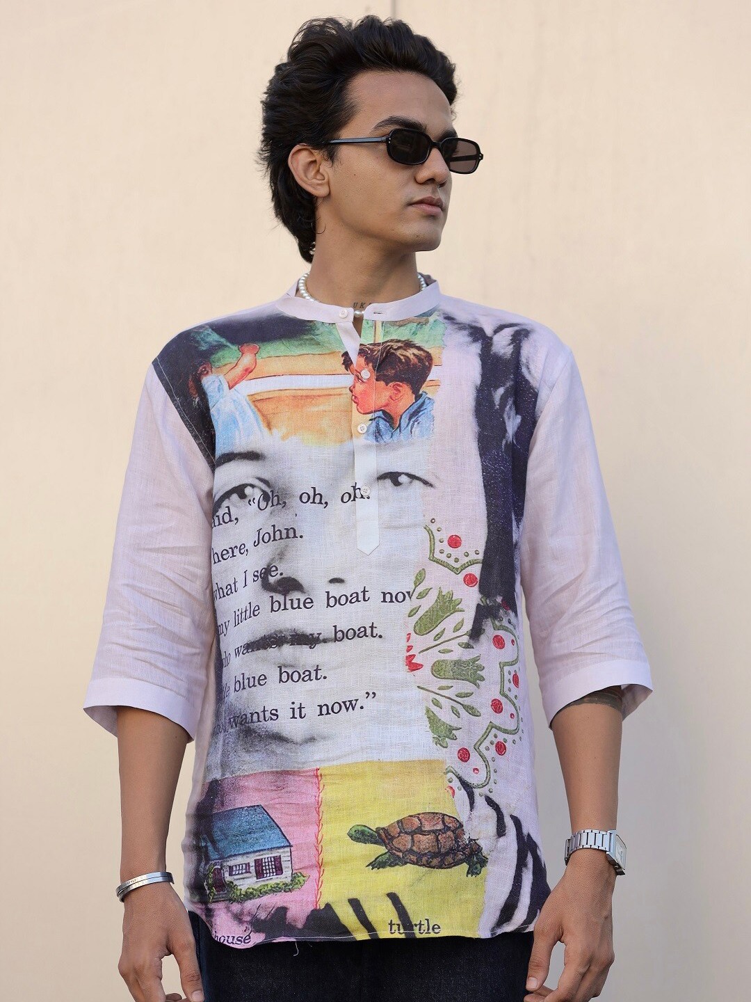 

ADDY'S for men Comfort Fit Abstract Printed Mandarin Collar Linen Short Kurta, White