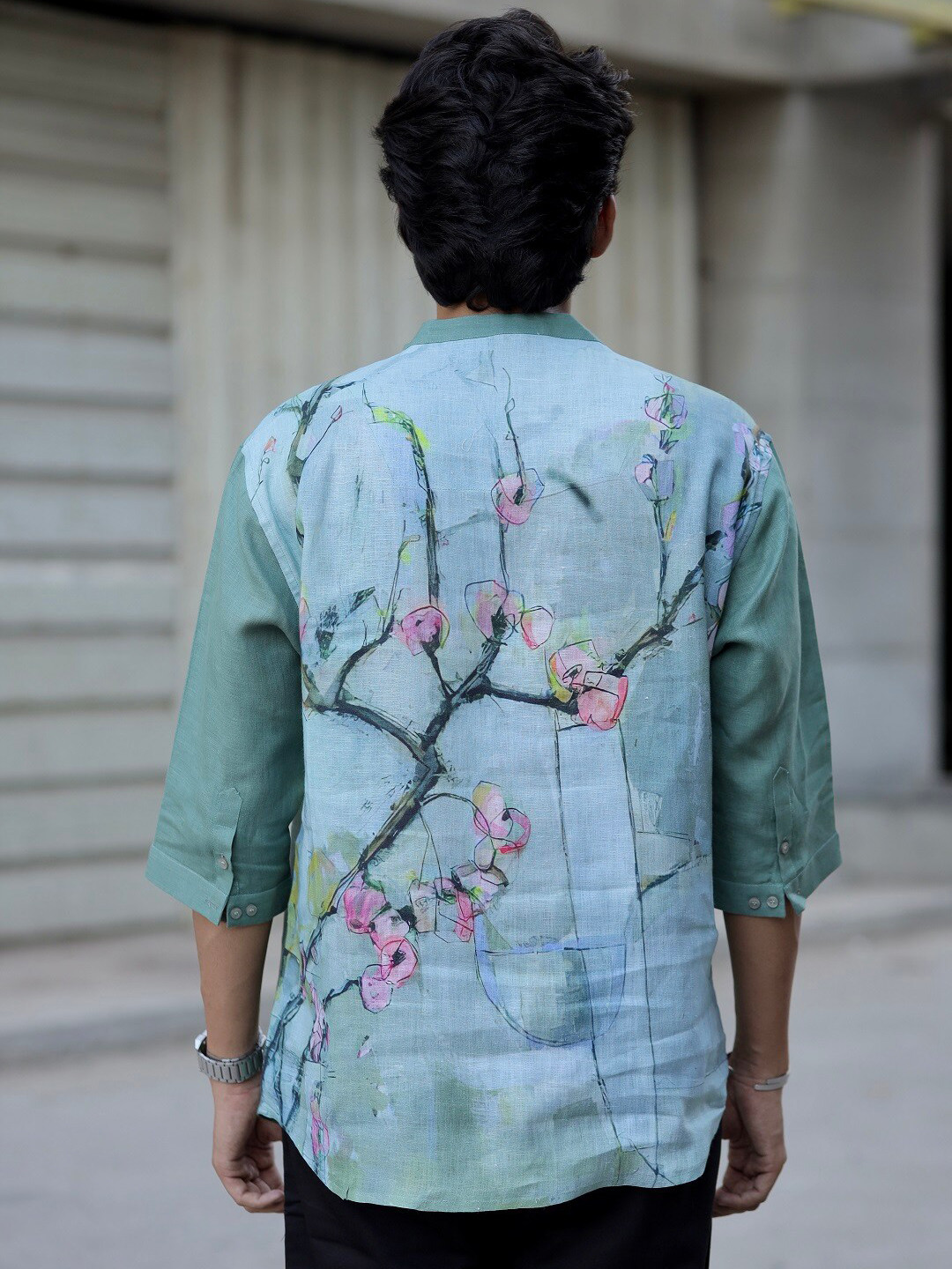 

ADDY'S for men Comfort Fit Floral Printed Mandarin Collar Linen Short Kurta, Sea green