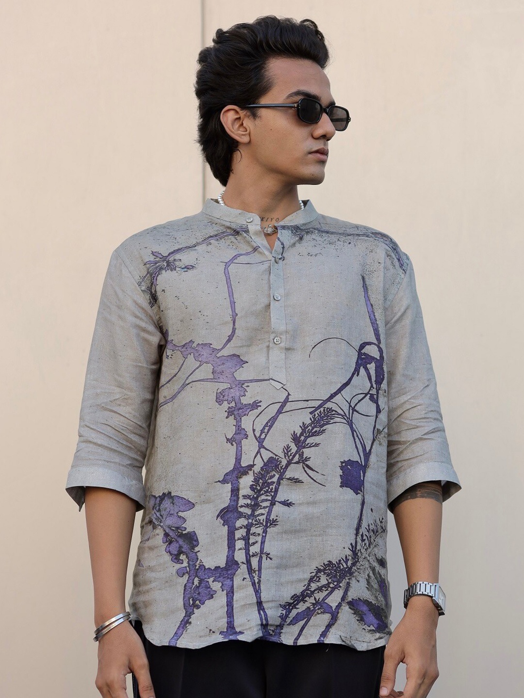 

ADDY'S for men Comfort Fit Abstract Printed Mandarin Collar Linen Short Kurta, Grey