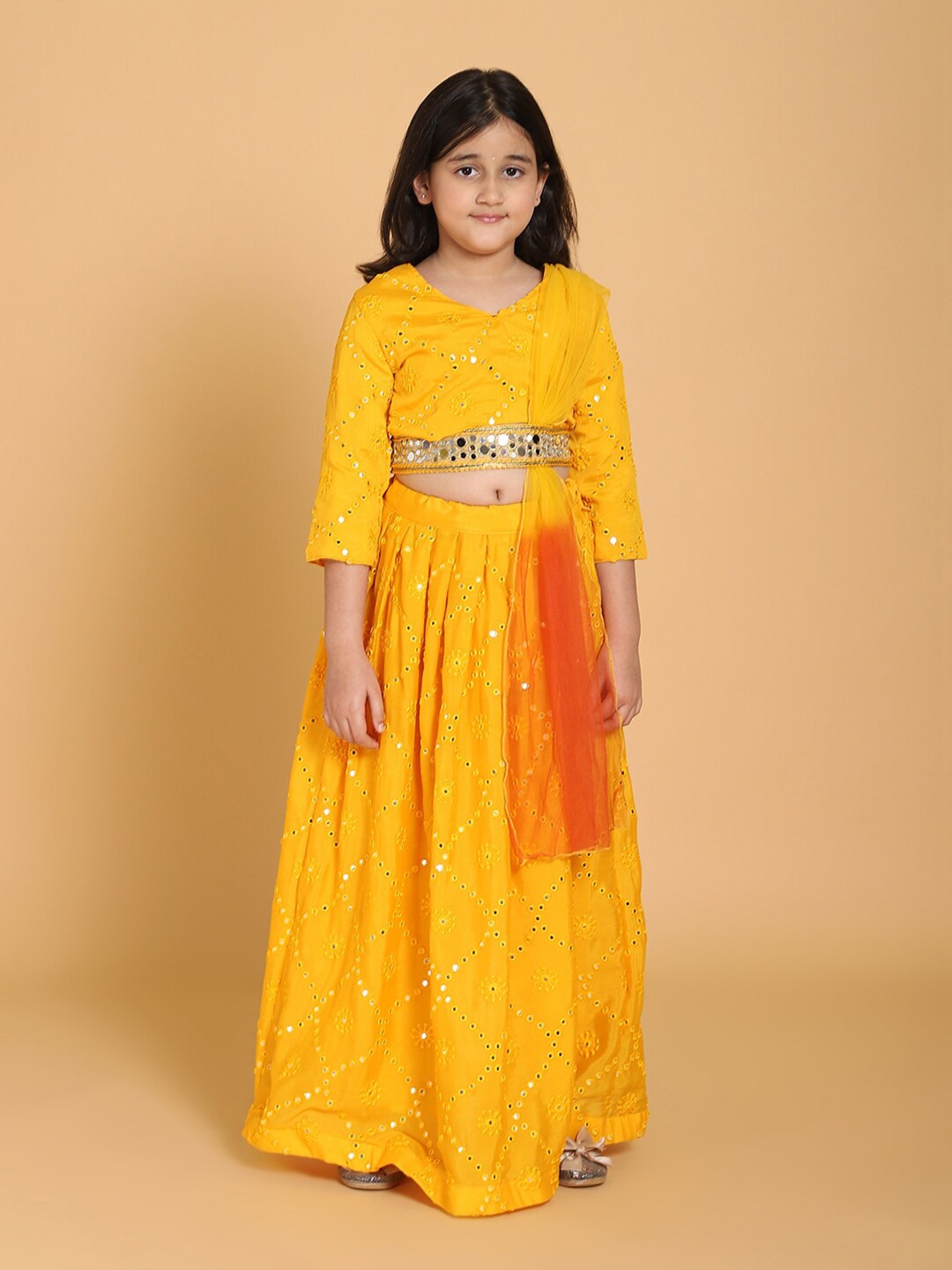 

PICCOLO Girls Embellished Mirror Work Ready to Wear Lehenga & Blouse With Dupatta, Yellow