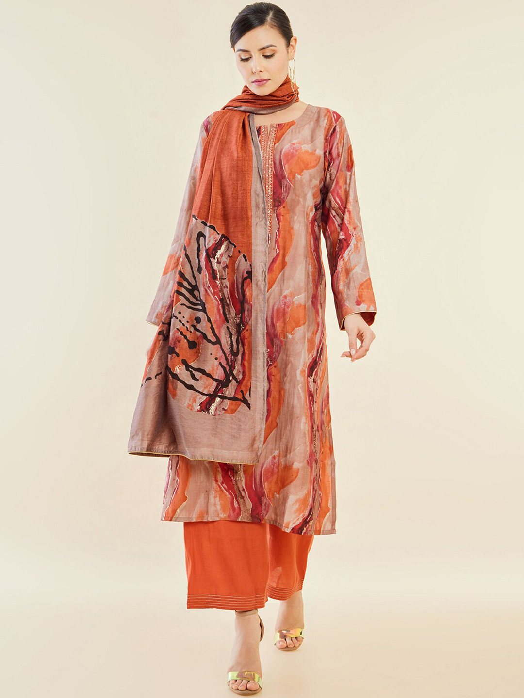 

Soch Orange Abstract Printed Regular Straight Kurta & Palazzos With Dupatta