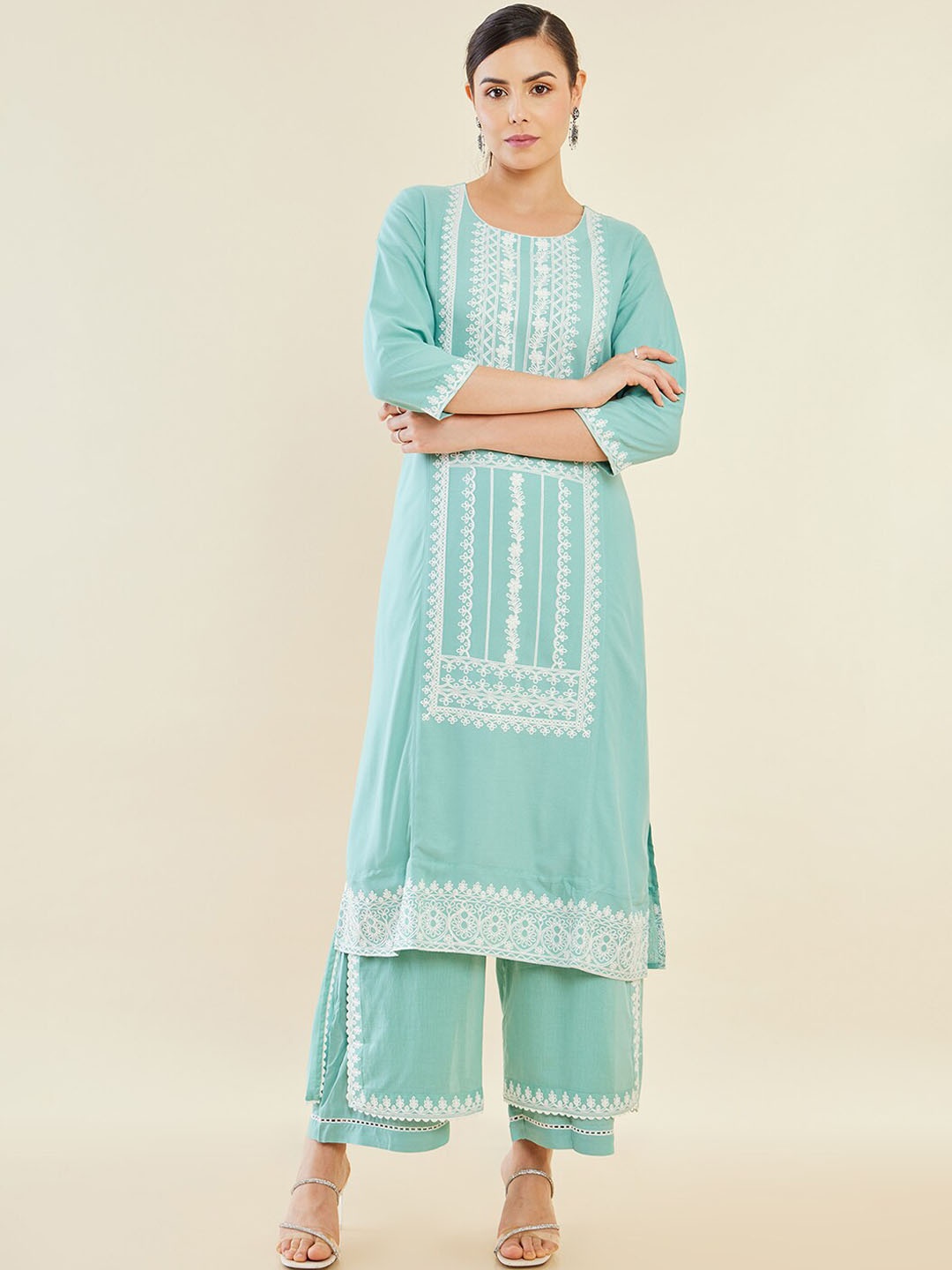

Soch Women Turquoise Blue Ethnic Motifs Embroidered Thread Work Kurta With Palazzos