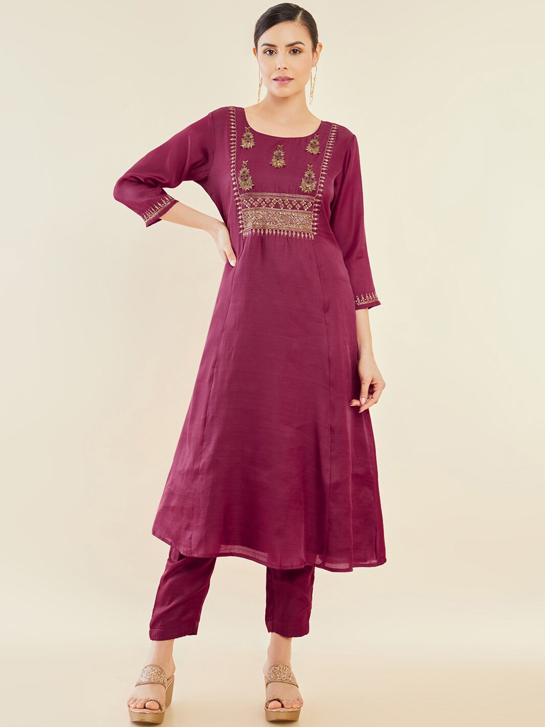 

Soch Maroon Ethnic Motifs Embroidered Regular Sequinned A-Line Kurta With Trousers